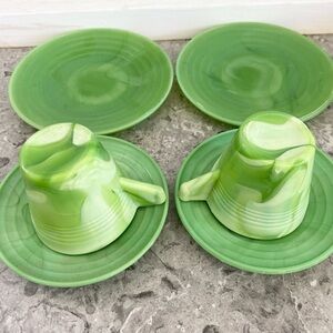 Akro Agate children’s miniature tea set dishes Green slag  Teacup and Saucer Set